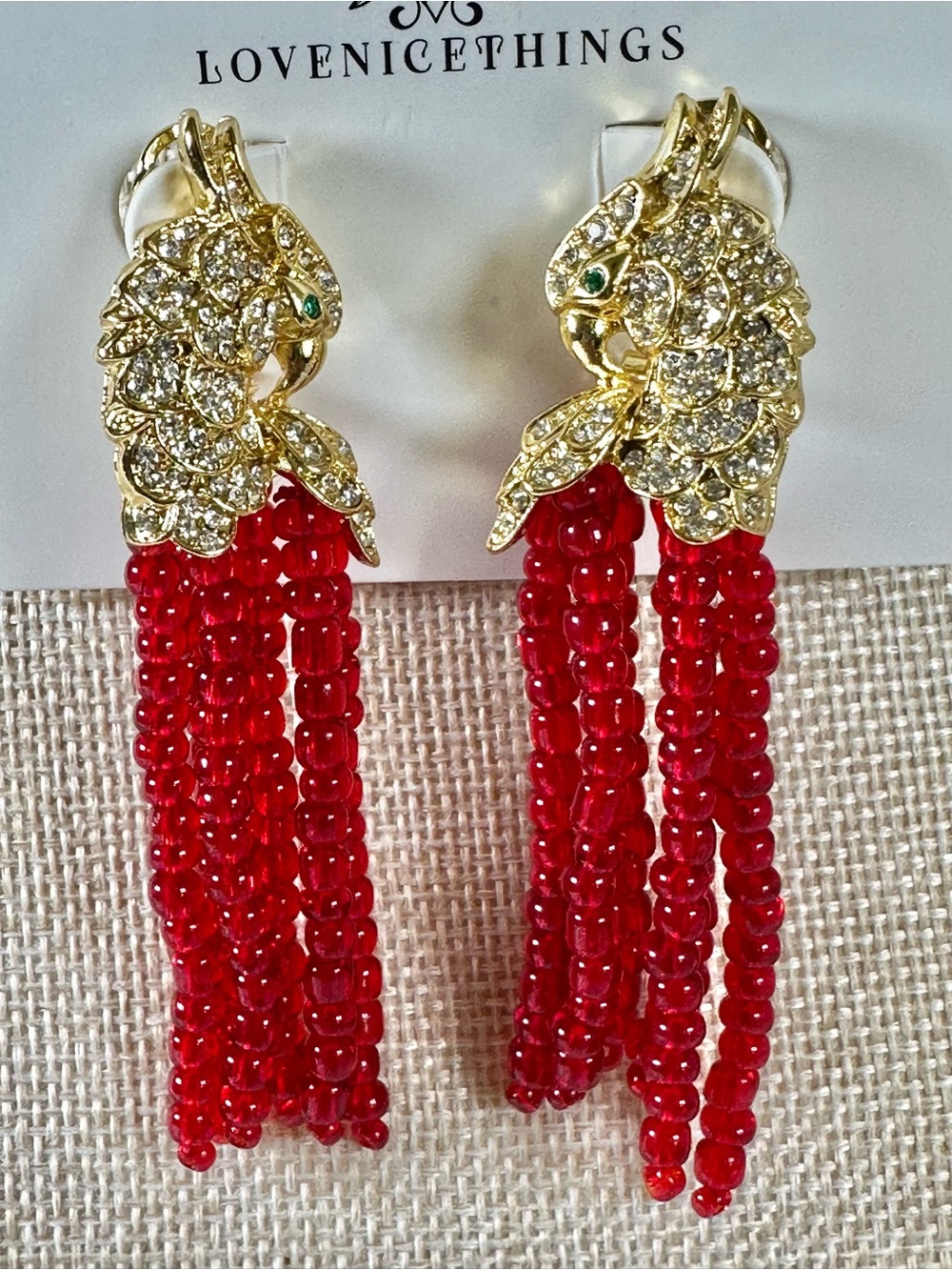 3” Luxury Vintage 18k GP, CZ Gold Parrot w/ Red Glass Beaded Tassel Earrings